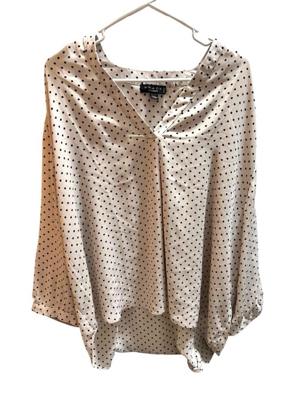 Grace “The Perfect Fit” Cream and Black Polka Dot V-Neck Blouse Women’s Size 2X